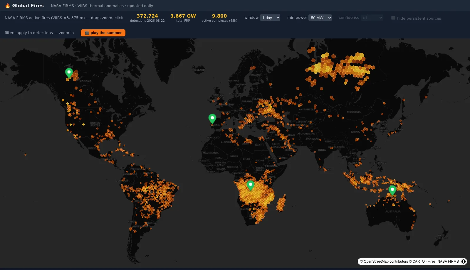 World map of VIIRS thermal detections, with dense hexagonal clusters across central southern Africa, a wide band across northern Siberia, and sparse detections across southern Europe.